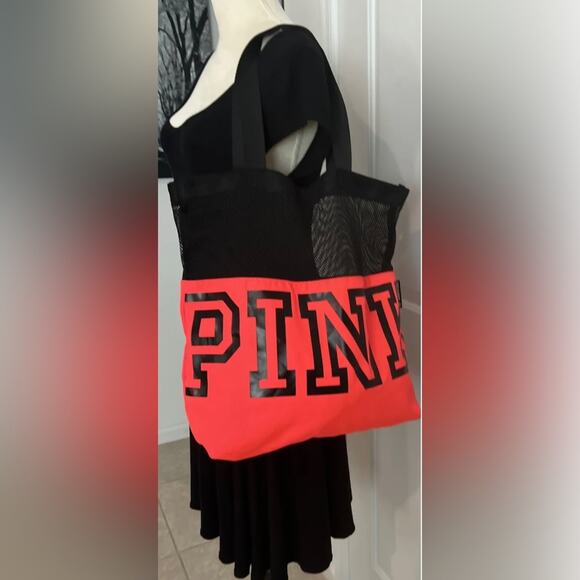 Victorias Secret PINK Tote Bag/Pool Bag Bright Orange Black Mesh Dual Handle - Picture 1 of 12